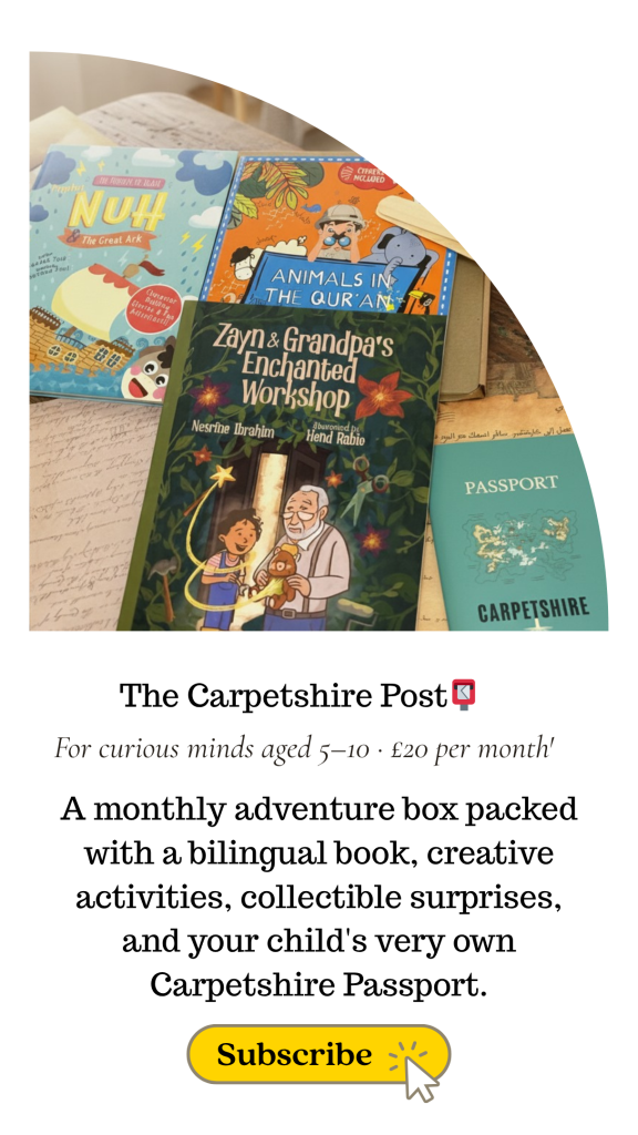 The Carpetshire Post bilingual subscription box for ages 5-10 - Arabic English books, creative activities and Carpetshire Passport, £20 per month